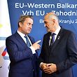 Slovenia's Prime Minister Janez Jansa (R) welcomes Luxembourg's Prime Minister Xavier Bettel for the EU-Western Balkans summit at Brdo Congress Centre, near Ljubljana on October 6, 2021. - Western Balkan countries can expect reassurances but no concrete progress on their stalled bids for European Union membership when EU leaders meet today. (Photo by Jure Makovec / AFP)