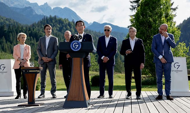 Japanese Prime Minister Fumio Kishida speaks following the first day of the G7 leaders' summit held at Elmau Castle in Germany on Sunday