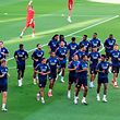Lyon's players jog during a training session at the Juventus stadium in Turin on August 6, 2020 on the eve of the UEFA Champions League football match Juventus vs Olympique Lyonnais, played behind closed doors due to the spread of the COVID-19 infection, caused by the novel coronavirus. (Photo by Miguel MEDINA / AFP)