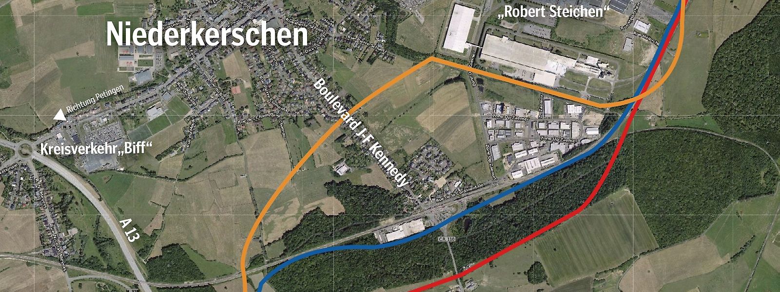 Zur Wahl stehen die südlichere Variante 1 (rot), die zentralere Variante 2 (blau) und Variante 3 die am nähesten an Niederkerschen liegt  (orange), sowie die Nullvariante.