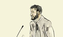 This court-sketch made on January 18, 2023, shows defendant Salah Abdeslam at a session of the trial of the attacks of March 22, 2016, at the Brussels-Capital Assizes Court, at the Justitia site in Haren, Brussels. - The trial of 10 people accused over the worst attacks in Belgium's post-war history, includes Salah Abdeslam, the so-called "10th man" of the November 2015 Paris attacks. On the morning of March 22, 2016, Islamic State suicide bombers struck Brussels airport and metro, killing 32 people and injuring hundreds in the symbolic heart of Europe. (Photo by JANNE VAN WOENSEL KOOY / BELGA / AFP) / Belgium OUT