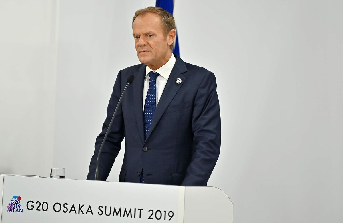 President of the European Council Donald Tusk attends a press conference during the G20 Osaka Summit in Osaka on June 28, 2019. (Photo by Charly TRIBALLEAU / AFP)