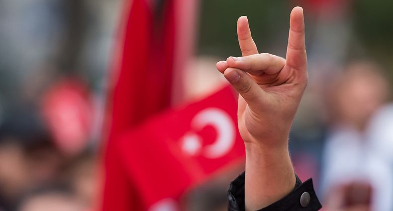 ARCHIV - 10.04.2016, Bayern, München: Eine Hand zeigt den "Wolfsgruß" der Grauen Wölfe während einer Pro-Türkischen Demonstration. (zu dpa "Im Griff der Nationalisten - Türkei geht in Stichwahl") Foto: picture alliance / dpa +++ dpa-Bildfunk +++