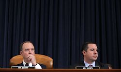 WASHINGTON, DC - NOVEMBER 15: House Intelligence Committee Chairman Adam Schiff (R-CA) (L) and ranking member Rep. Devin Nunes (R-CA) wait for the arrival of former U.S. Ambassador to Ukraine Marie Yovanovitch during a break in a hearing in the Longworth House Office Building on Capitol Hill November 15, 2019 in Washington, DC. In the second impeachment hearing held by the committee, House Democrats continue to build a case against U.S. President Donald Trumps efforts to link U.S. military aid for Ukraine to the nations investigation of his political rivals.   Chip Somodevilla/Getty Images/AFP
== FOR NEWSPAPERS, INTERNET, TELCOS & TELEVISION USE ONLY ==