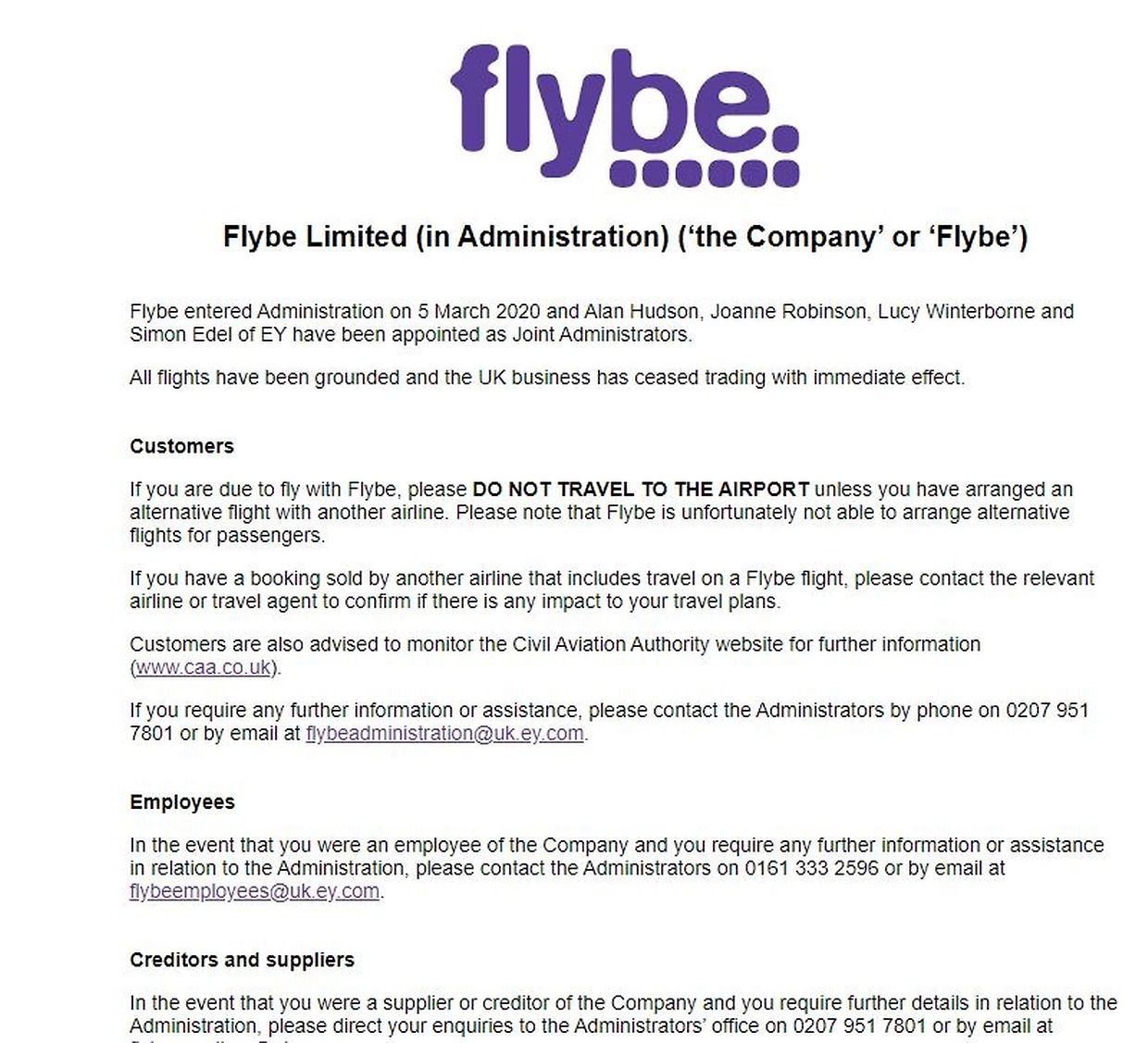 Die Mitteilung auf der Website vom Flybe, abgerufen am Donnerstagmorgen.