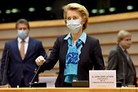 ARCHIV - 13.05.2020, Belgien, Brüssel: EU-Kommissionspräsidentin Ursula von der Leyen kommt ins Europaparlament. EU-Kommissionschefin Ursula von der Leyen hat im Auftrag der EU-Staats- und Regierungschefs ein Wiederaufbauprogramm entworfen, das in den nächsten siebenjährigen Haushaltsrahmen der Europäischen Union eingebettet werden soll.
Für den Nachmittag ist eine Präsentation des Plans bei einer Sondersitzung des Europaparlaments vorgesehen. Foto: Etienne Ansotte/European Commission/dpa - ACHTUNG: Nur zur redaktionellen Verwendung und nur mit vollständiger Nennung des vorstehenden Credits +++ dpa-Bildfunk +++