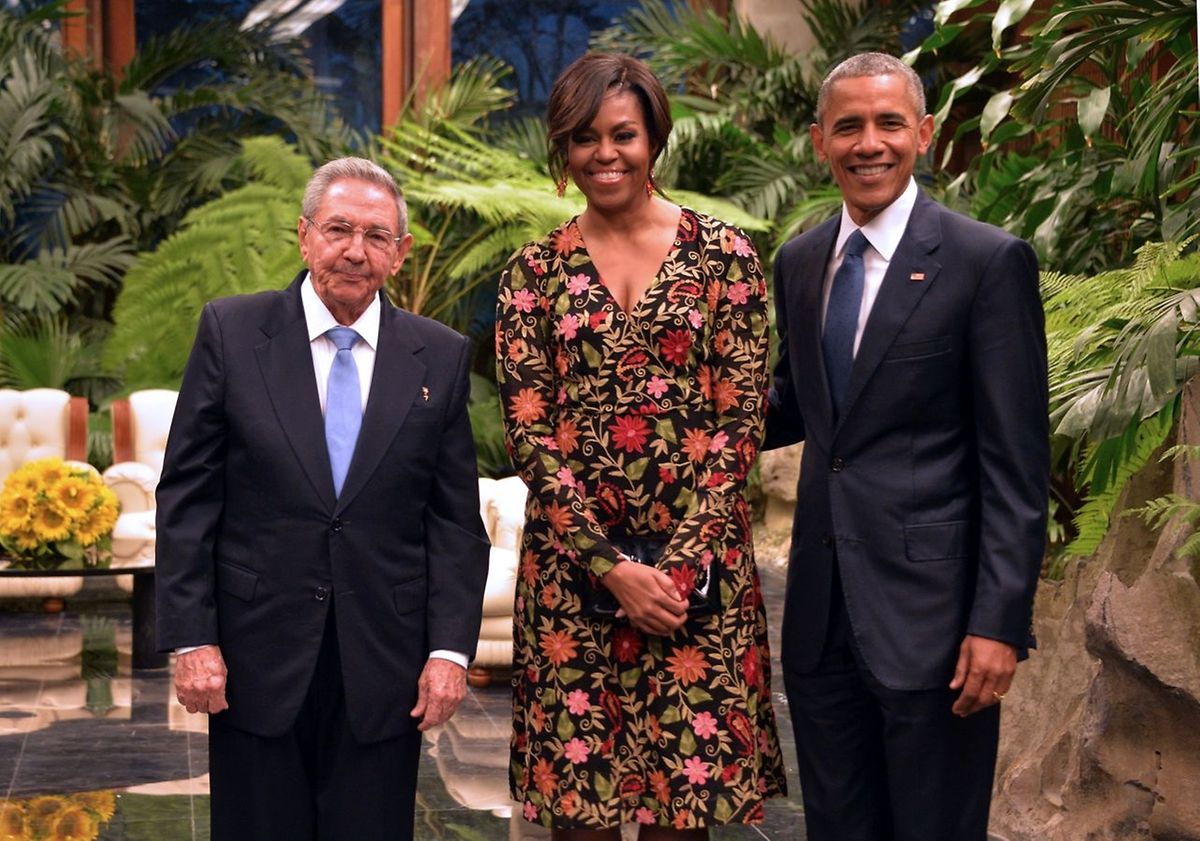 Raul Castro, Barack Obama die First Lady Michelle Obama beim Staatsdinner im Palast der Revolution.