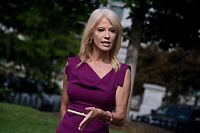 (FILES) In this file photo taken on August 06, 2020 Counselor to the President, Kellyanne Conway,  talks to reporters outside the White House, in Washington, DC. - Kellyanne Conway, a senior adviser to President Trump and one of his longest-serving aides, is leaving the White House at the end of the month, she announced on August 23, 2020. (Photo by Olivier DOULIERY / AFP)