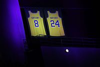 LOS ANGELES, CALIFORNIA - JANUARY 31: The Los Angeles Lakers honor Kobe Bryant by spotlighting his jerseys prior to the game against the Portland Trail Blazers at Staples Center on January 31, 2020 in Los Angeles, California.   Kevork Djansezian/Getty Images/AFP
== FOR NEWSPAPERS, INTERNET, TELCOS & TELEVISION USE ONLY ==