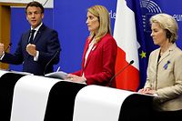France's President Emmanuel Macron (L), European Parliament president Roberta Metsola (C) and European Commission President Ursula von der Leyen (R) hold a joint press conference at the Conference on the Future of Europe and the release of its report with proposals for reform, in Strasbourg, eastern France, on May 9, 2022. (Photo by Ludovic MARIN / POOL / AFP)