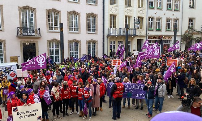 Crowds gather for the march for International Women's Day in Luxembourg in 2021