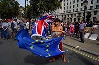 (FILES) In this file photo taken on August 31, 2019 An anti-Brexit demonstrator whirls an EU and Union Flag during a demonstration against the British government's move to suspend parliament in the final weeks before Brexit outside Downing Street in London on August 31, 2019. - Despite the prestige of Oxford and Cambridge and other top universities, Britain will be less attractive after Brexit, EU students warn, with fees set to soar and legal tangles still not ironed out. (Photo by Niklas HALLE'N / AFP)