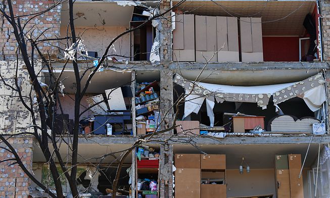 A destroyed residential building in Kyiv on Friday