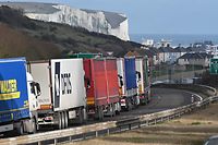 (FILES) In this file photo taken on December 10, 2020 Freight lorries queue on the main route into the port of Dover on the south coast of England. - According to a British government source a 'deal is done' on post-Brexit trade. (Photo by JUSTIN TALLIS / AFP)
