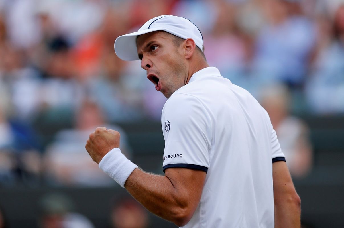 Luxembourg’s Gilles Muller celebrates during his fourth round match against Spain’s Rafael Nadal