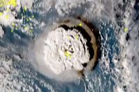 CORRECTION / This screen grab taken from footage taken by Japan's Himawari-8 satellite and released by the National Institute of Information and Communications Technology (Japan) on January 15, 2022 shows the volcanic eruption that provoked a tsunami in Tonga. - The eruption was so intense it was heard as "loud thunder sounds" in Fiji more than 800 kilometres (500 miles) away. (Photo by Handout / National Institute of Information and Communications Technology / AFP) / RESTRICTED TO EDITORIAL USE - MANDATORY CREDIT "AFP PHOTO / NATIONAL INSTITUTE OF INFORMATION AND COMMUNICATIONS (JAPAN) " - NO MARKETING - NO ADVERTISING CAMPAIGNS - DISTRIBUTED AS A SERVICE TO CLIENTS / �The erroneous mention[s] appearing in the metadata of this photo by Handout has been modified in AFP systems in the following manner: [CLARIFYING NAME OF SOURCE: NATIONAL INSTITUTE OF INFORMATION AND COMMUNICATIONS TECHNOLOGY (JAPAN)] instead of [NATIONAL INSTITUTE OF INFORMATION AND COMMUNICATIONS (JAPAN)]. Please immediately remove the erroneous mention[s] from all your online services and delete it (them) from your servers. If you have been authorized by AFP to distribute it (them) to third parties, please ensure that the same actions are carried out by them. Failure to promptly comply with these instructions will entail liability on your part for any continued or post notification usage. Therefore we thank you very much for all your attention and prompt action. We are sorry for the inconvenience this notification may cause and remain at your disposal for any further information you may require.�