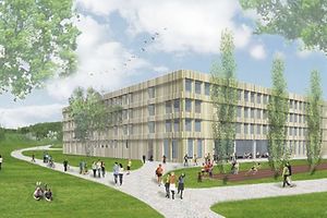 Le futur bâtiment de l'Ecole internationale de Differdange ouvrira ses portes en 2020 derrière l'actuel Hall de la Chiers.