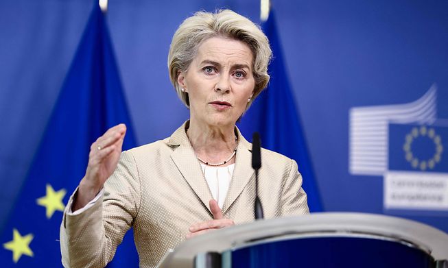 European Commission President Ursula von der Leyen at a press conference in Brussels, on Wednesday