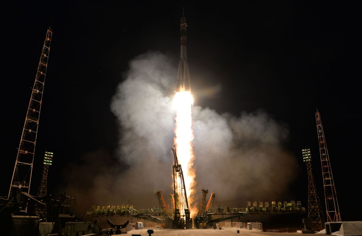 Die Sojus-Rakete hob planmäßig vom Weltraumbahnhof Baikonur in Kasachstan ab.