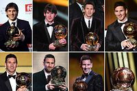 (COMBO) This combination of file photographs created on November 29, 2021, shows Barcelona's Argentinian forward Lionel Messi reacting as he receives the Ballon d'Or football award (top, L to R) for the year 2009 in Boulogne-Billancourt, outside Paris, on December 6, 2009; for the year 2010 in Zurich, on January 10, 2011; for the year 2011 in Zurich on January 9, 2012; for the year 2012 in Zurich on January 7, 2013; (bottom L to R) for the year 2015 in Zurich on January 11, 2016; for the year 2019 in Paris on December 2, 2019; for the year 2021 in Paris on November 29, 2021; and the award displayed at the ceremony in Paris on November 29, 2021. - Lionel Messi won the men's Ballon d'Or award for a record-extending seventh time at a ceremony in  Paris on November 29, 2021. (Photo by AFP)