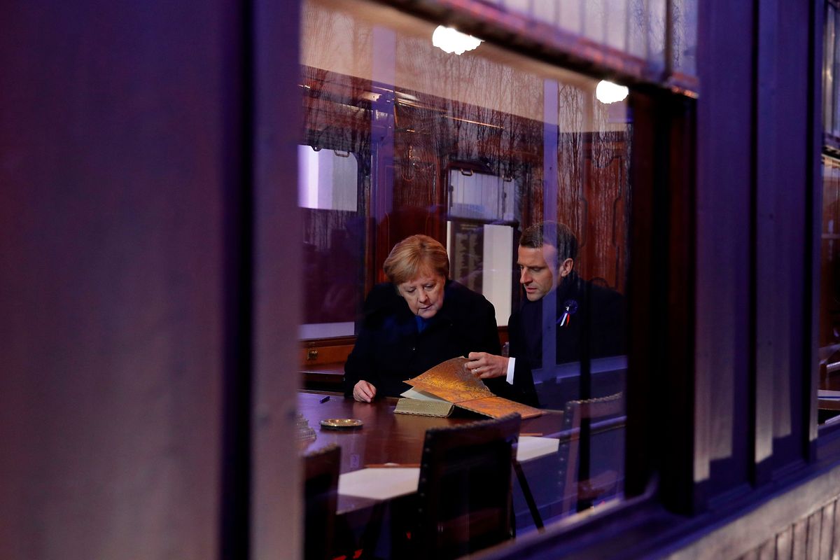 The Golden Book in a replica of the train carriage where the World War I Armistice was signed Photo: AFP