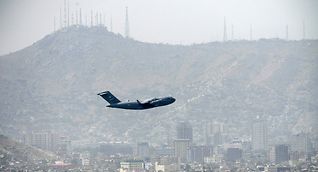 An US Air Force aircraft takes off from the airport in Kabul, Afghanistan