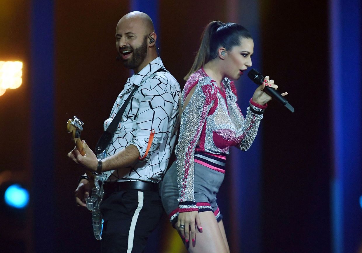 Macedonian duo Eye Cue's lead vocalist Marija Ivanovska (R) and guitarist Bojan Trajkovski perform the song "Lost And Found" during the first semifinal of the 63rd edition of the Eurovision Song Contest 2018 at the Altice Arena in Lisbon, on May 8, 2018.
The Eurovision Song Contest 2018 will be held in the Portuguese capital Lisbon from May 8 until May 12, 2018. / AFP PHOTO / FRANCISCO LEONG