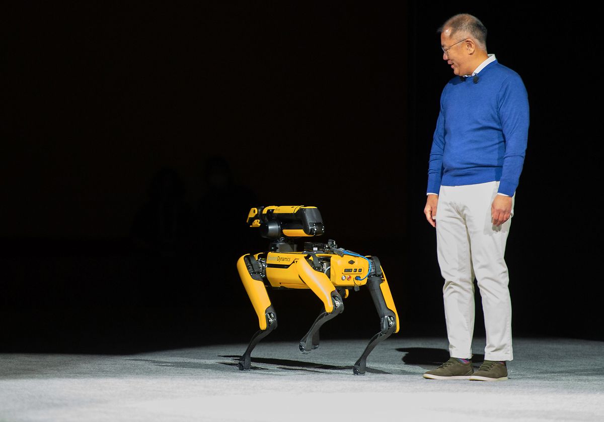 Euisun Chung, Chairman des Autobauers Hyundai, zeigt den Roboter «Spot» der Tochterfirma Boston Robotics.