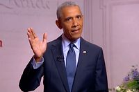 This video grab made on August 19, 2020 from the online broadcast of the Democratic National Convention, being held virtually amid the novel coronavirus pandemic, shows former US President Barack Obama speaking from Philadelphia, Pennsylvania, during the third day of the convention. (Photo by - / DEMOCRATIC NATIONAL CONVENTION / AFP) / RESTRICTED TO EDITORIAL USE - MANDATORY CREDIT "AFP PHOTO / DEMOCRATIC NATIONAL CONVENTION " - NO MARKETING - NO ADVERTISING CAMPAIGNS - DISTRIBUTED AS A SERVICE TO CLIENTS