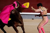 Spanish matador Tulio Salguero performs a pass to a bull during a bullfight at the Ventas bullring in Madrid July 24, 2016. REUTERS/Javier Barbancho