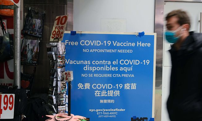 A Covid-19 vaccination pop-up site stands in Times Square in New York