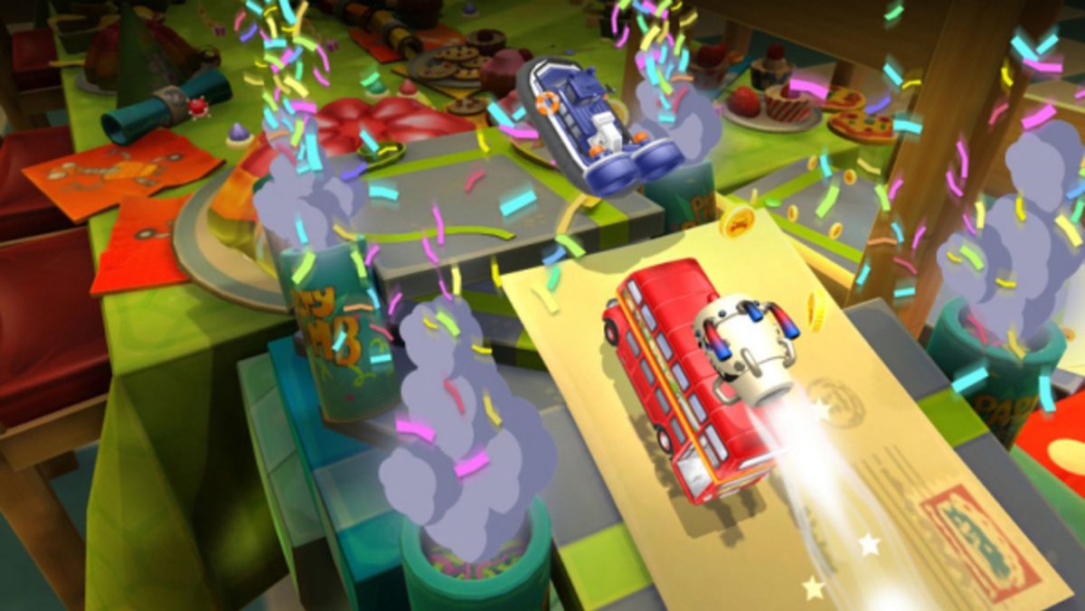 In «Toybox Turbos» rast der Spieler mit Spielzeugautos über Haushaltsrennstrecken.