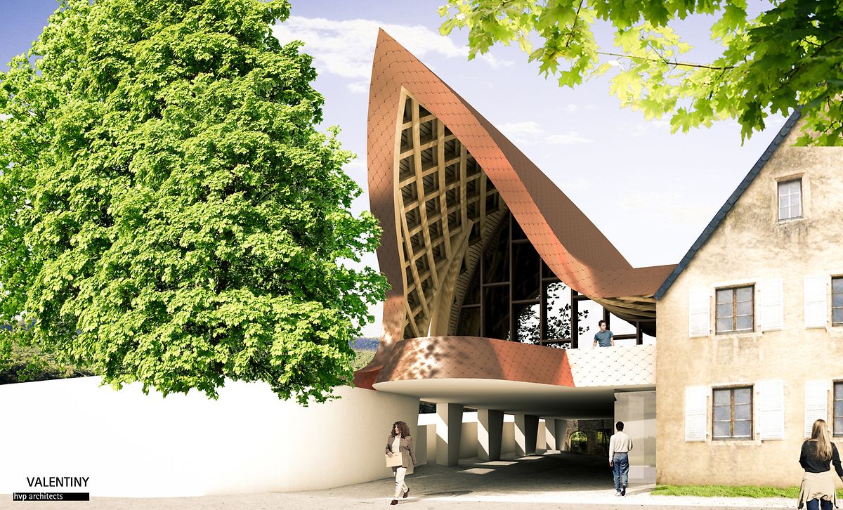 Dans le nouveau bâtiment, aux colonnes de béton recouvertes d'un toit de cuivre, les visiteurs pourront se familiariser avec le vin dans une vinothèque. 