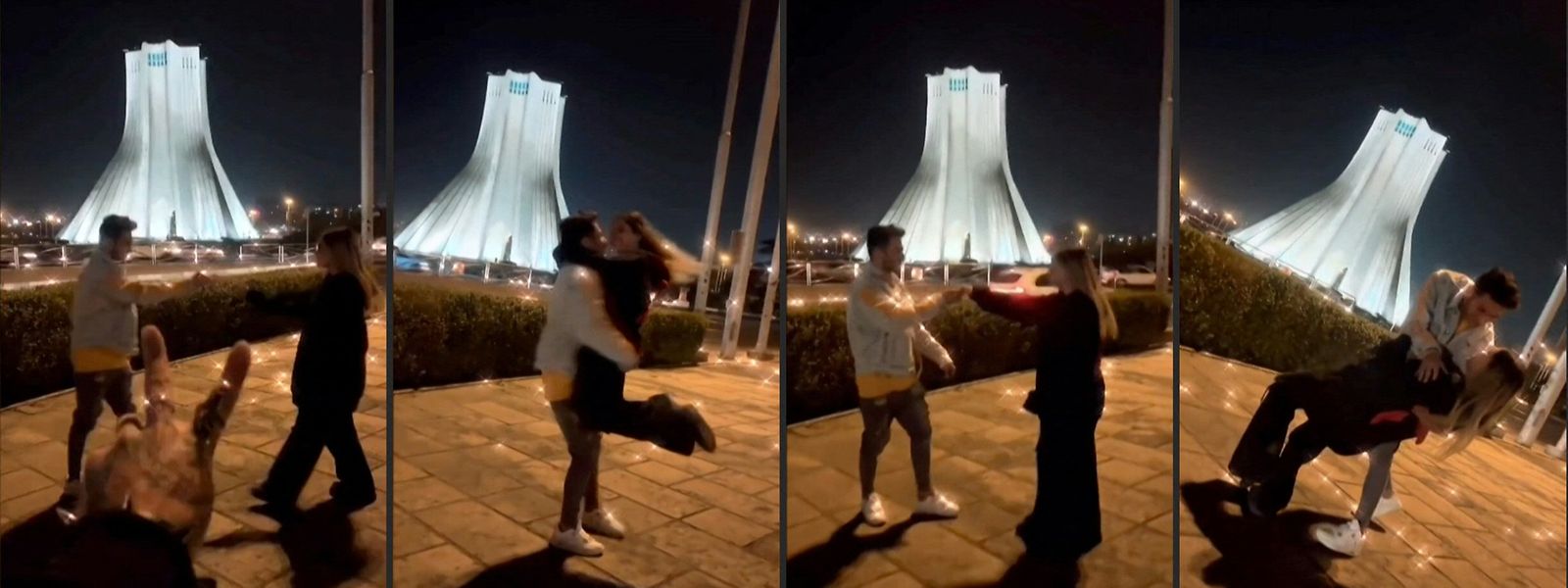 O jovem casal fez um vídeo em frente a um dos principais monumentos de Teerão que se tornou viral