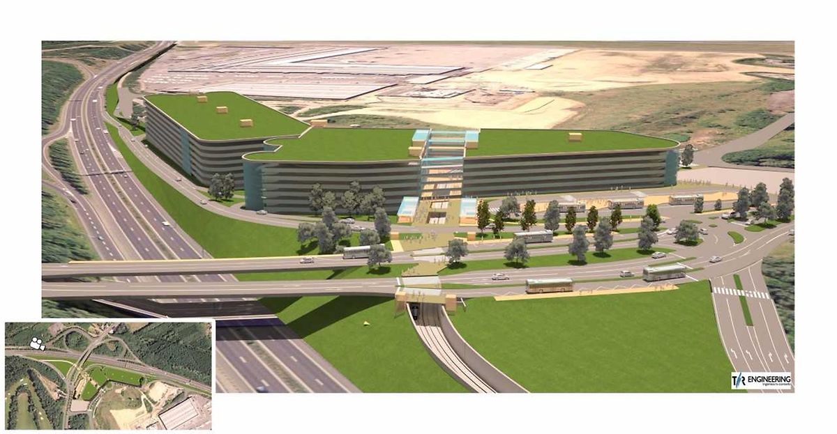 Diese Illustration zeigt den späteren "Pôle d'échange" namens "Héihenhaff", unweit des Flughafens Findel. Hier entsteht unter anderem ein großer Park-and-Ride.