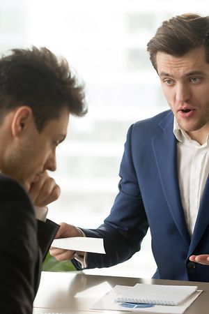 Angry mean boss yelling at employee for missing deadline, executive manager scolding ineffective salesman showing bad work results, firing worker for failure, team leader dissatisfied with report