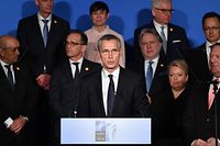 NATO Secretary General Jens Stoltenberg (C) speaks during a reception celebrating NATO's 70 Anniversary at  the Andrew W. Mellon Auditorium in Washington, DC on April 3, 2019. (Photo by MANDEL NGAN / AFP)