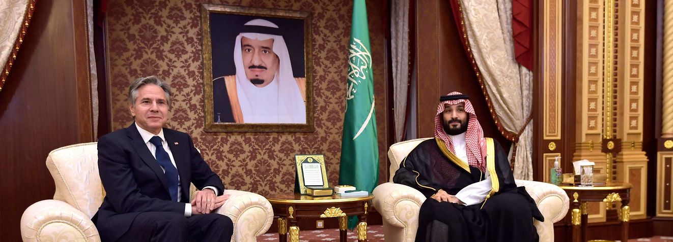 Saudi Arabia's Crown Prince Mohammed bin Salman (L) meets with US Secretary of State Antony Blinken in Jeddah on June 7, 2023. US Secretary of State Antony Blinken arrived in Saudi Arabia Tuesday on a trip to strengthen strained ties with the long-time ally as the oil-rich kingdom forges closer (Photo by Amer HILABI / POOL / AFP)