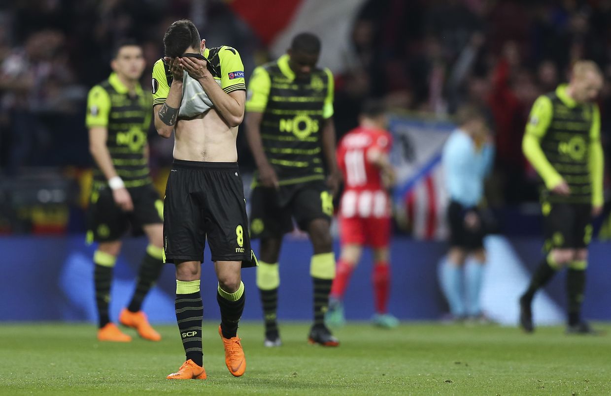 05.04.2018, Spanien, Madrid: Fußball: Europa League, K.o.-Runde, Viertelfinale, Hinspiele, Atletico Madrid - Sporting Lissabon im Wanda Metropolitano Stadion. Bruno Fernandes von Lissabon reagiert. Foto: Gustavo Bom/Atlantico Press via Zuma Wire/dpa +++ dpa-Bildfunk +++