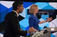 A handout picture released by the BBC, taken and received on July 25, 2022, shows Conservative politicians and candidates to be the the Leader of the Conservative Party, and Britain's next Prime Minister, Rishi Sunak (L) and Liss Truss, as they appear on the BBC's 'The UK's Next Prime Minister: The Debate', in Victoria Hall in Stoke-on-Trent, central England on July 25, 2022. - Conservative rivals Rishi Sunak and Liz Truss, offering competing answers to Britain's multiple crises, will duel in the coming weeks to become the next prime minister after the party's lawmakers held a concluding vote. (Photo by JEFF OVERS / BBC / AFP) / RESTRICTED TO EDITORIAL USE - MANDATORY CREDIT " AFP PHOTO / JEFF OVERS-BBC " - NO MARKETING NO ADVERTISING CAMPAIGNS - DISTRIBUTED AS A SERVICE TO CLIENTS TO REPORT ON THE BBC PROGRAMME OR EVENT SPECIFIED IN THE CAPTION - NO ARCHIVE - NO USE AFTER **August 14, 2022** / 