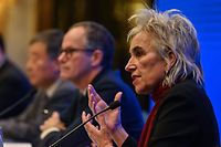 Marion Koopmans speaks during a press conference to wrap up a visit by an international team of experts from the World Health Organization (WHO) in the city of Wuhan, in China's Hubei province on February 9, 2021. (Photo by Hector RETAMAL / AFP)
