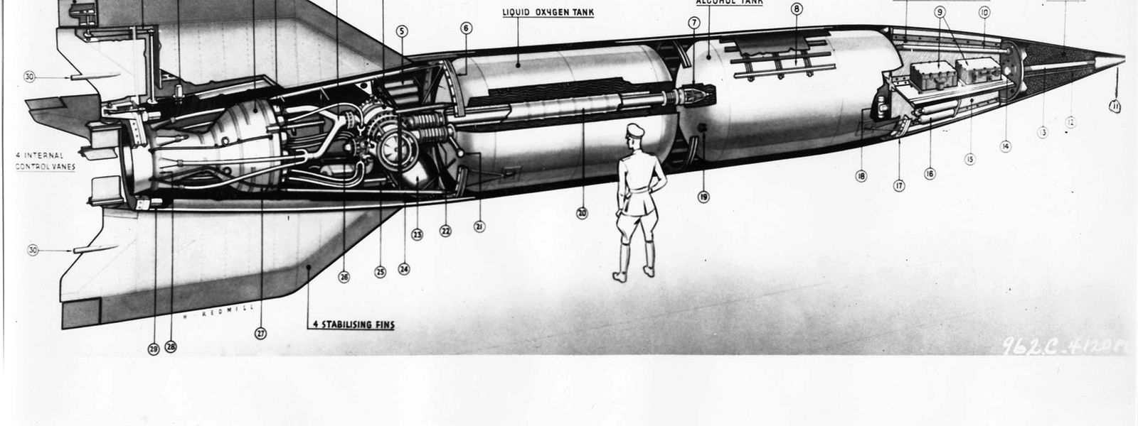 Mit den deutschen Vergeltungswaffen, hier eine Rekonstruktion der US Air Force, wurden im Zweiten Weltkrieg westeuropäische Städte, darunter etwa London und Antwerpen, bombardiert. Die Raketen forderten tausende Opfer.