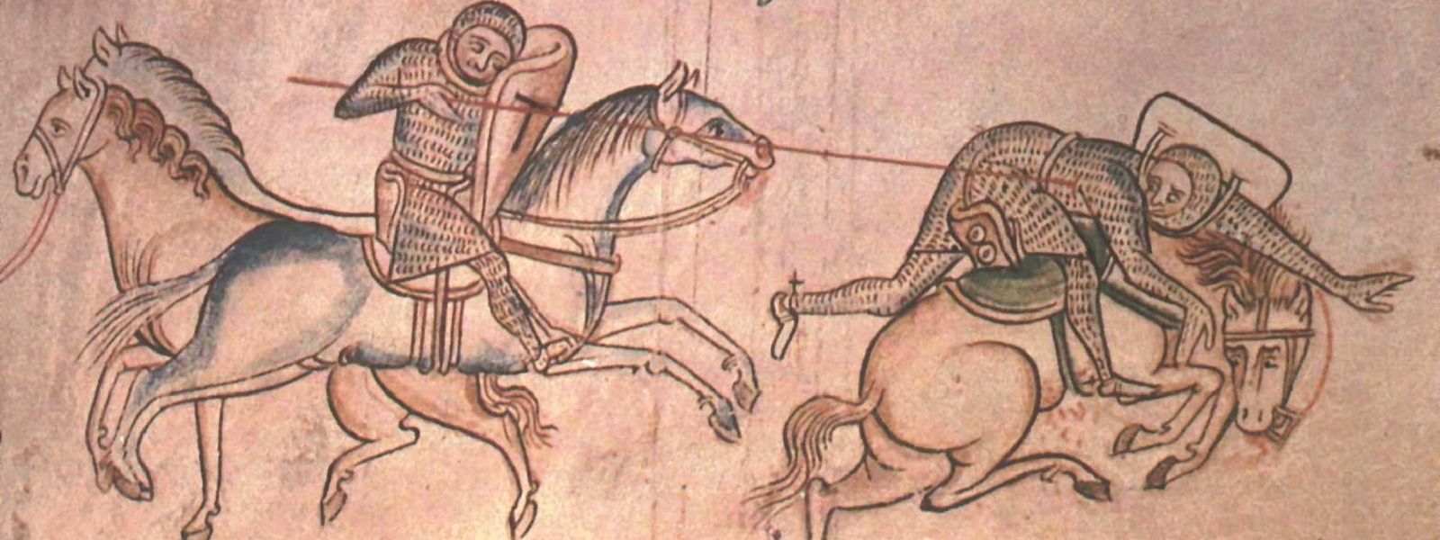 Richard Marshal stößt Baldwin de Guisnes vor der Schlacht von Monmouth im Jahr 1233 vom Pferd. Die Darstellung von Matthew Paris lässt bereits erste Schlüsse auf die Größenverhältnisse zu. 