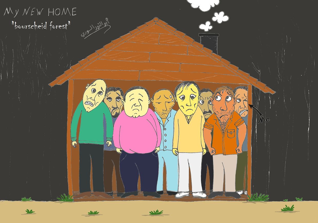 Auch der Karikaturist Kareem aus Syrien kritisiert die Umstände im Foyer in Bourscheid aufs schärfste. In seinen Karikaturen lässt er seinen Gedanken  freien Lauf. „Im Chalet leben wir alle aufeinander", so beschreibt Kareem die Lage.