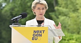 Looking green: European Commission President Ursula von der Leyen during her European tour, here in Vienna on Monday