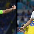 A combination of file pictures created on July 9, 2021 shows Italy's defender and captain Giorgio Chiellini (L) in Rome on June 16, 2021 and England's forward and captain Harry Kane in Rome on July 3, 2021. - England face Italy in the UEFA Euro 2020 final football match at the Wembley Stadium in London on July 11, 2021. (Photo by Ettore FERRARI / AFP)
