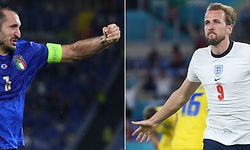 A combination of file pictures created on July 9, 2021 shows Italy's defender and captain Giorgio Chiellini (L) in Rome on June 16, 2021 and England's forward and captain Harry Kane in Rome on July 3, 2021. - England face Italy in the UEFA Euro 2020 final football match at the Wembley Stadium in London on July 11, 2021. (Photo by Ettore FERRARI / AFP)