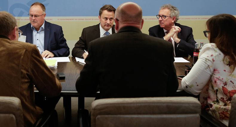 Entrevue du Gouvernement avec les acteurs du secteur Social, Xavier Bettel, Pierre Gramegna, Romain Schneider, delegation OGBL, André Roeltgen, le 16 Juin 2018. Photo: Chris Karaba