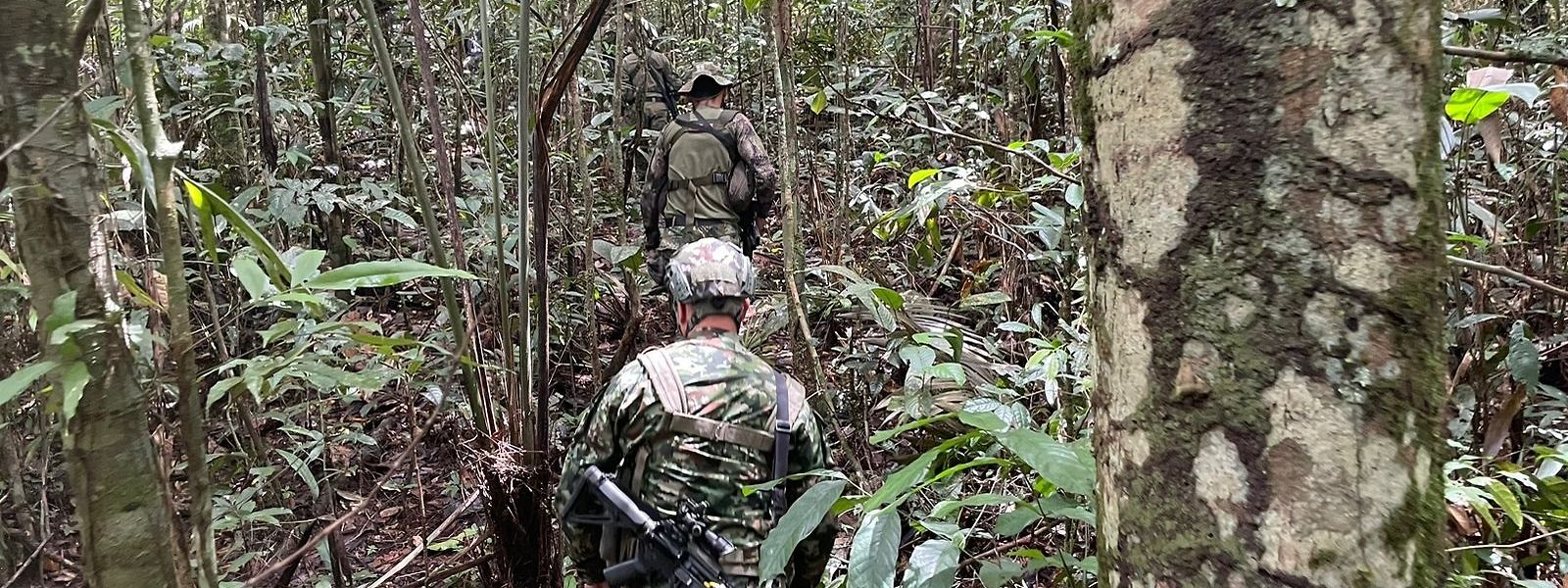 Soldaten beim Durchkämmen des dichten Regenwaldes.