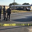 TOPSHOT - Police block a road in Sutherland Springs, Texas, on November 5, 2017, after a mass shooting at the the First Baptist Church (rear).
A gunman went into the church during Sunday morning services and shot dead some two dozen worshippers, the sheriff said, in the latest mass shooting to shock the US. 